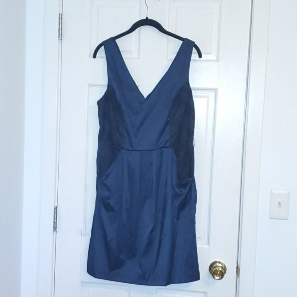 Navy Short Dress With Black Lace Panels